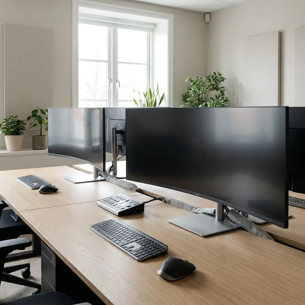 Modern operations desk with blank dark monitors and tidy technical equipment