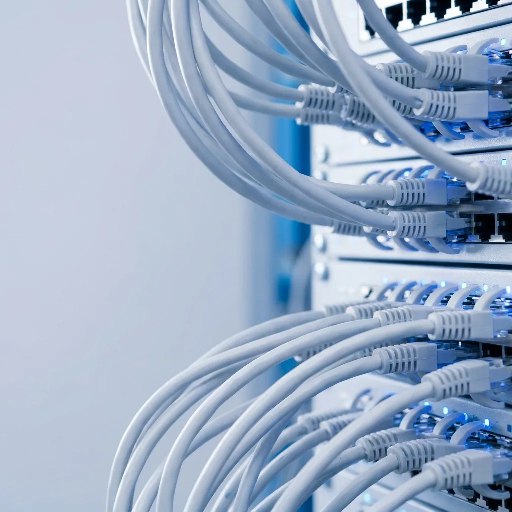 High-density network cables and server ports in a precise grid