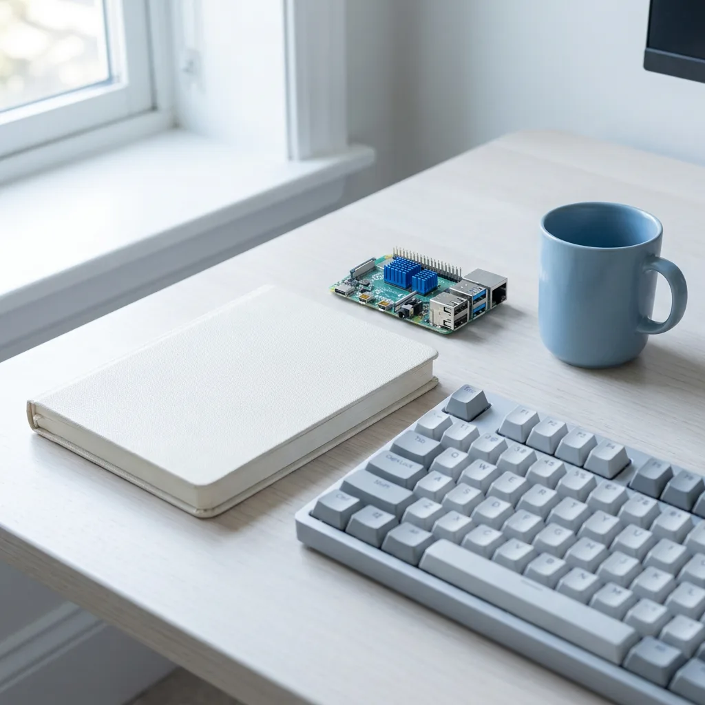 Tidy research desk with a notebook, keyboard, and small server component