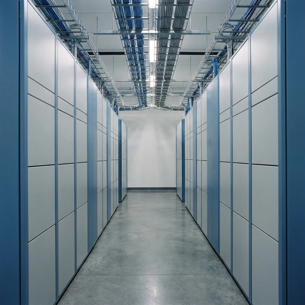 Quiet data center aisle with blank server faces