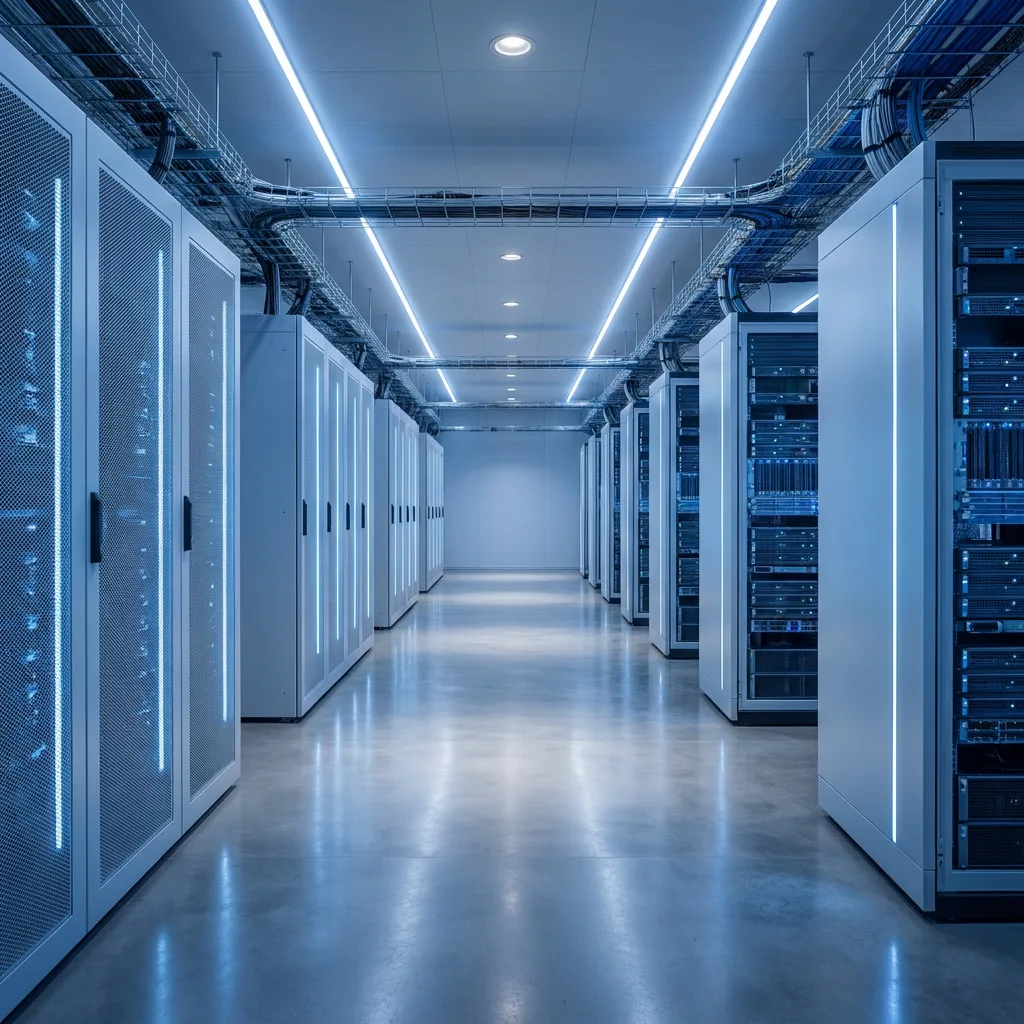 Modern cloud data center with repeating server rows