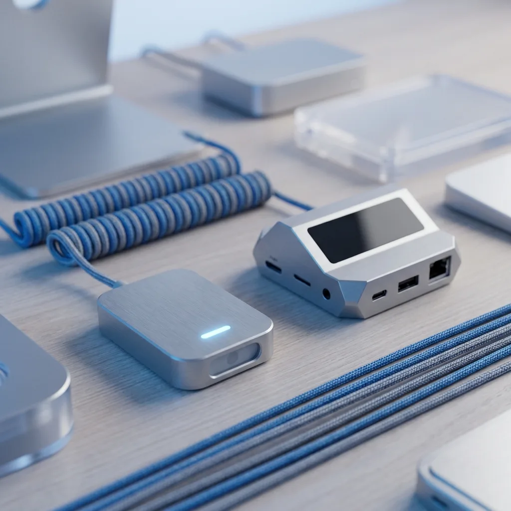 Office technology objects and compact workstation arranged on a pale desk