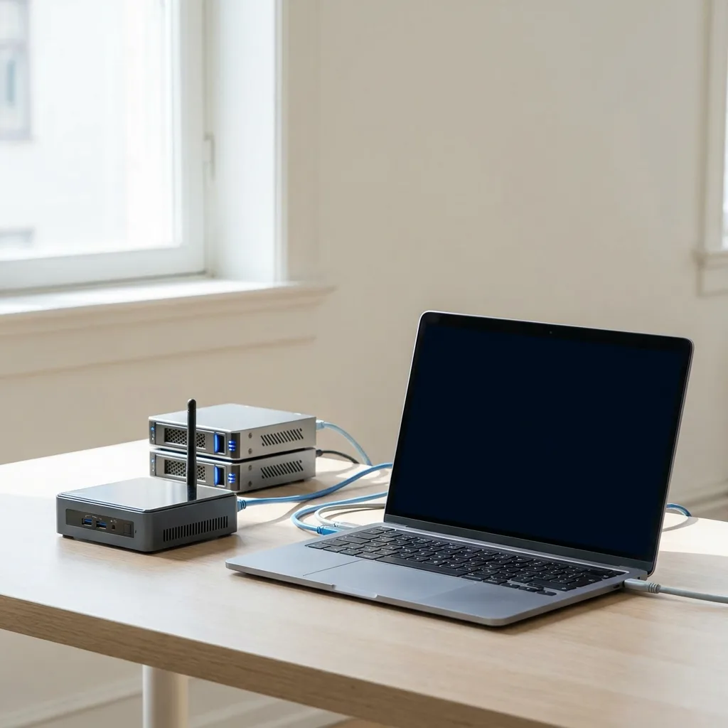 Developer laptop connected to compact edge and server hardware