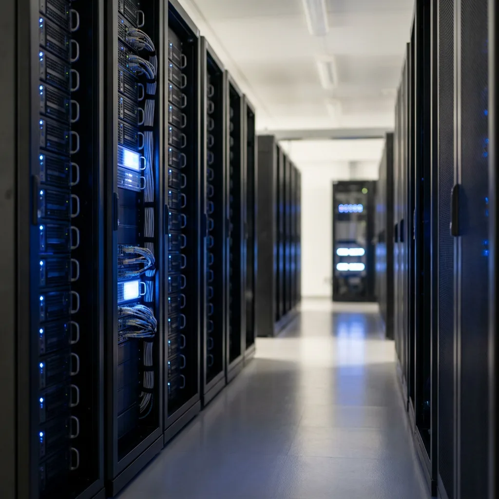 Clean server rack corridor with cool indicator lights